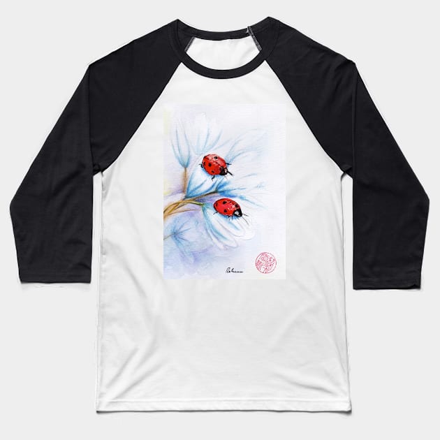 "companions"  ladybugs mixed media painting - watercolor, ink, colored pencil Baseball T-Shirt by tranquilwaters